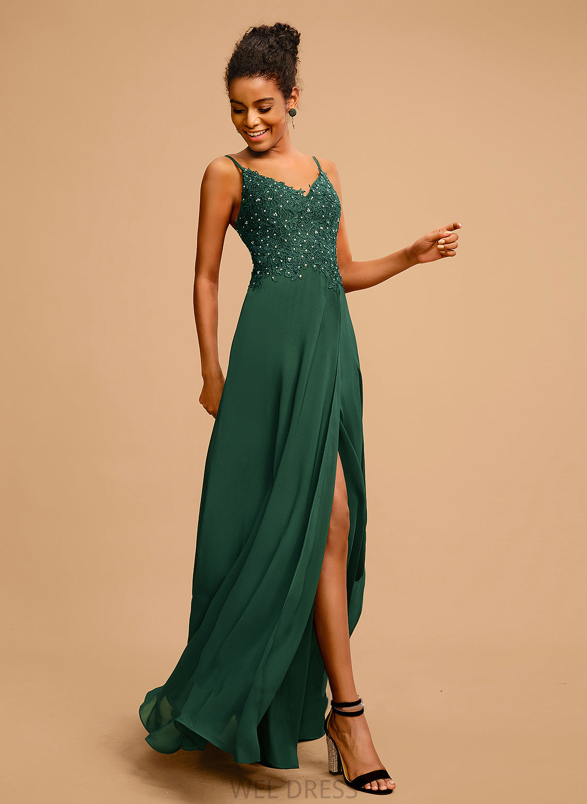 Sequins Chiffon With Kennedi Floor-Length Beading A-Line Lace V-neck Prom Dresses