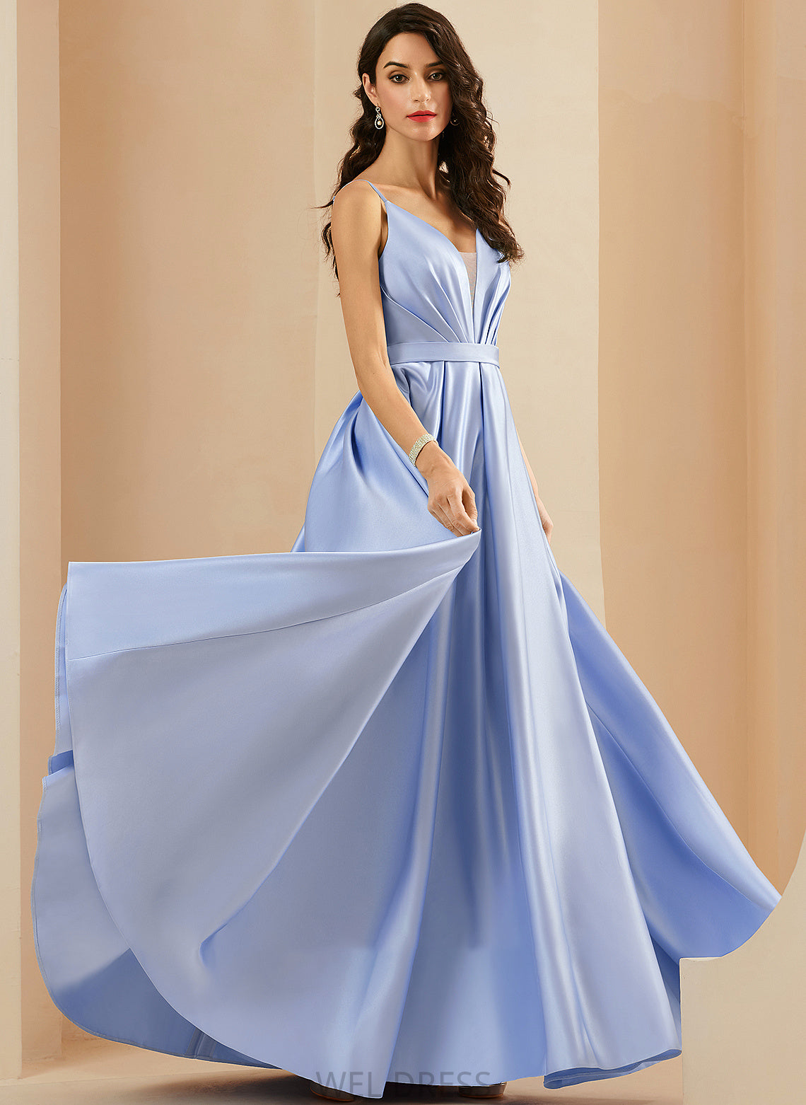 Floor-Length Kaylie V-neck Pockets Ball-Gown/Princess Ruffle Prom Dresses With Satin