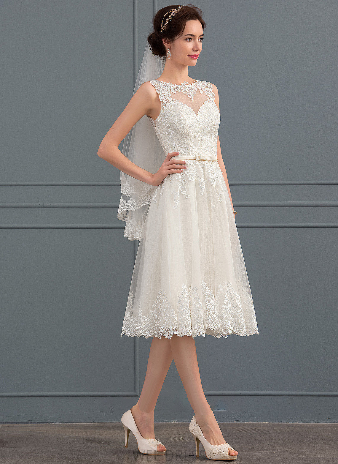 Bow(s) Megan Knee-Length With Illusion A-Line Tulle Wedding Wedding Dresses Dress