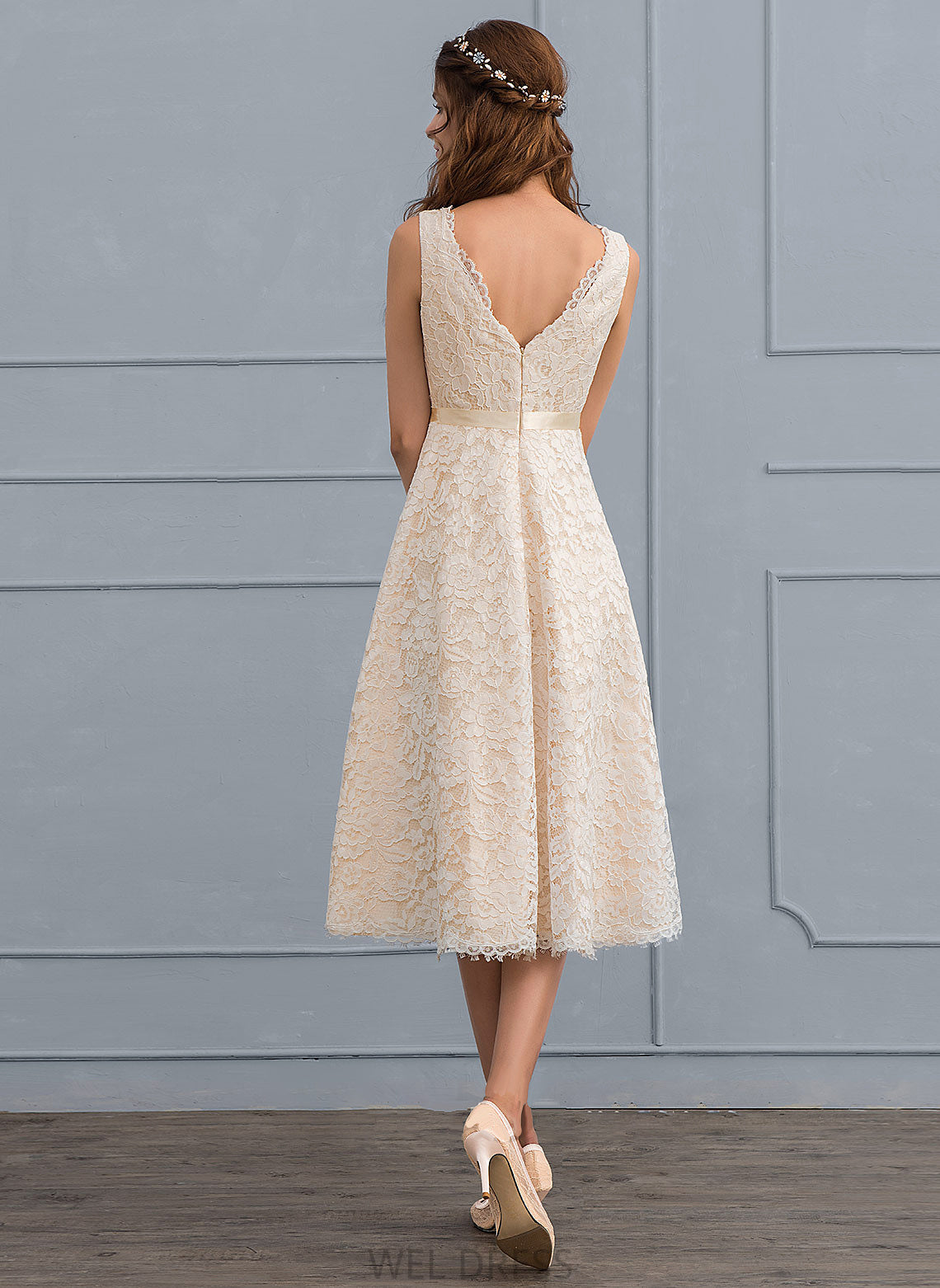 V-neck A-Line Wedding Dresses Dress Knee-Length Miriam Bow(s) Wedding With Lace