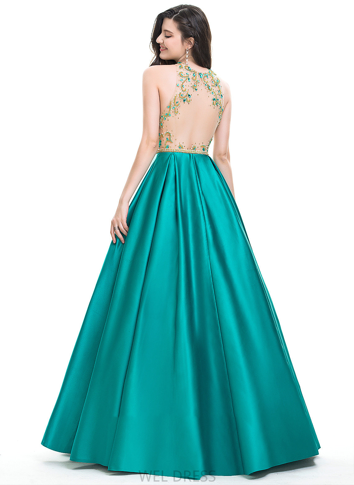 Ball-Gown/Princess Neck Prom Dresses Beading Liana Scoop Sequins With Satin Floor-Length