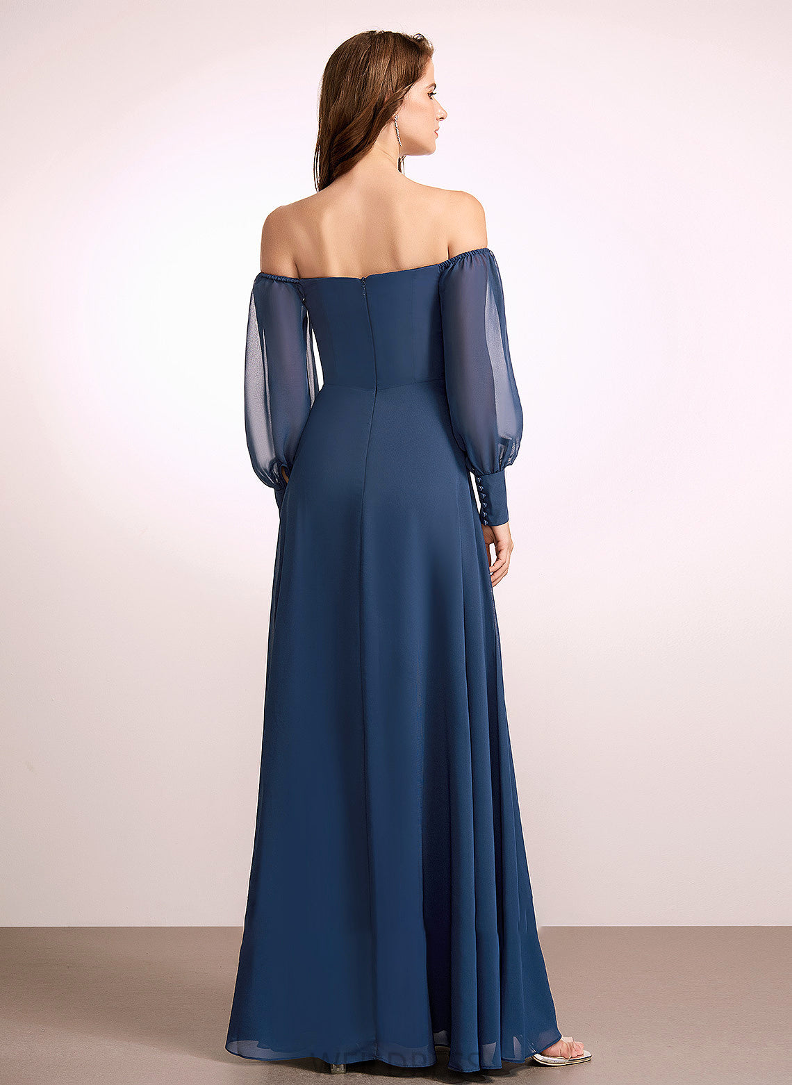 Silhouette Embellishment Neckline Length SplitFront A-Line Fabric Off-the-Shoulder Floor-Length Sabrina V-Neck Natural Waist