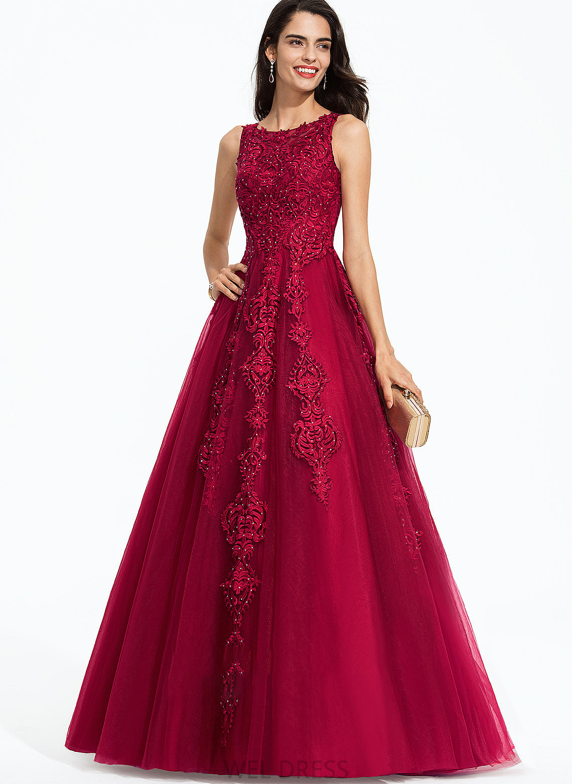 Alondra Scoop Neck Sweep Tulle Ball-Gown/Princess Beading With Train Prom Dresses