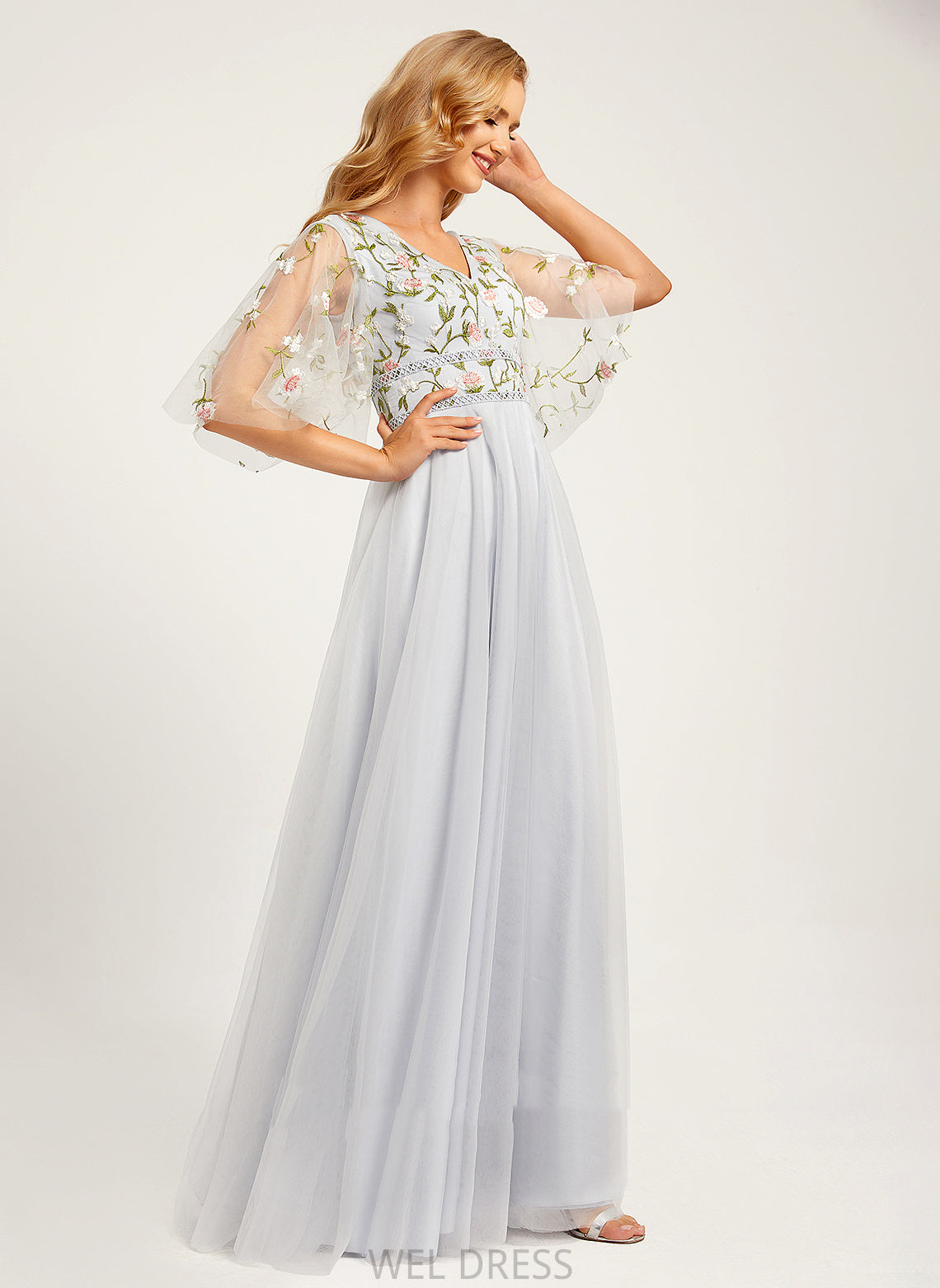 Length A-Line Flower(s) Fabric Neckline V-neck Floor-Length Embellishment Silhouette Norah Natural Waist V-Neck Bridesmaid Dresses