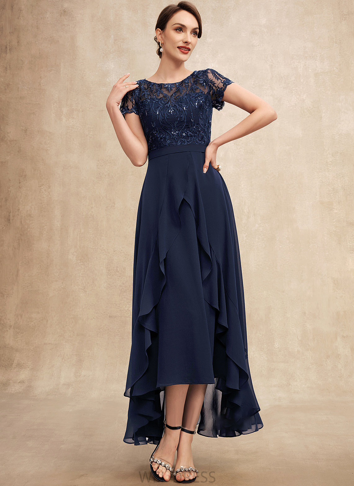 Chiffon the Asymmetrical Mother Sequins Bride of Ruffles With Mother of the Bride Dresses Cascading Chelsea A-Line Neck Dress Bow(s) Scoop Lace