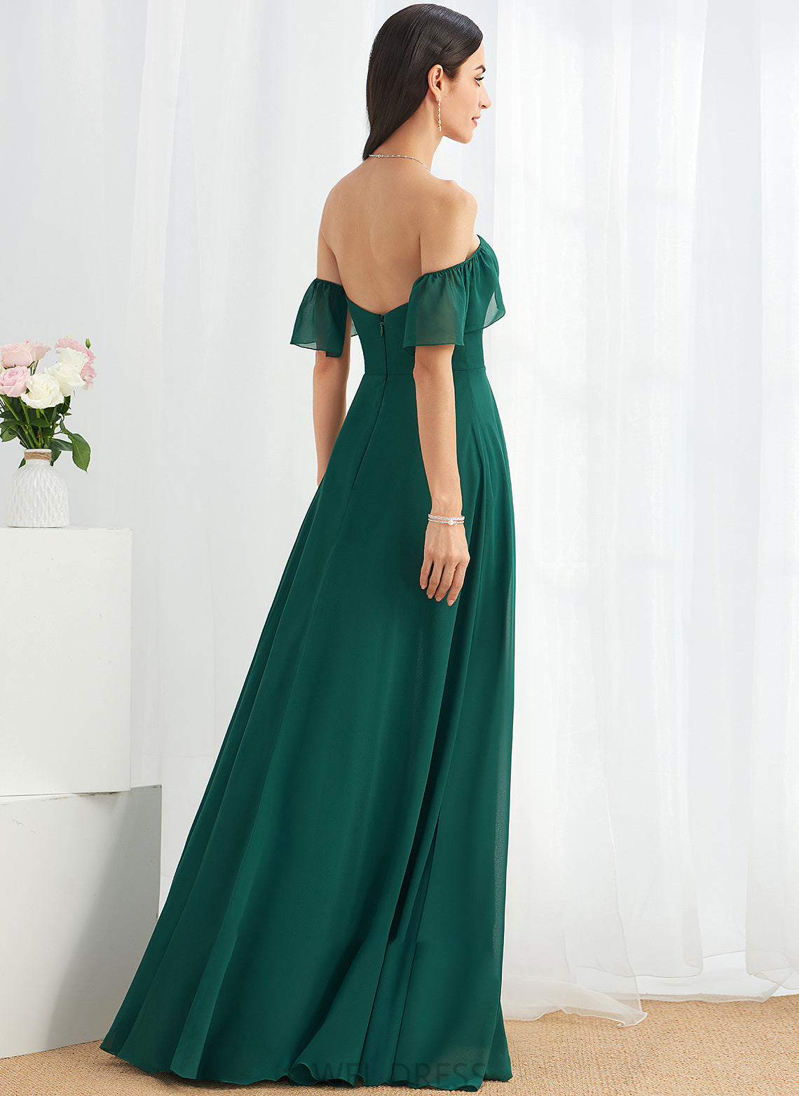 Neckline Off-the-Shoulder Floor-Length Fabric Silhouette Length Embellishment A-Line SplitFront Makena Sleeveless A-Line/Princess