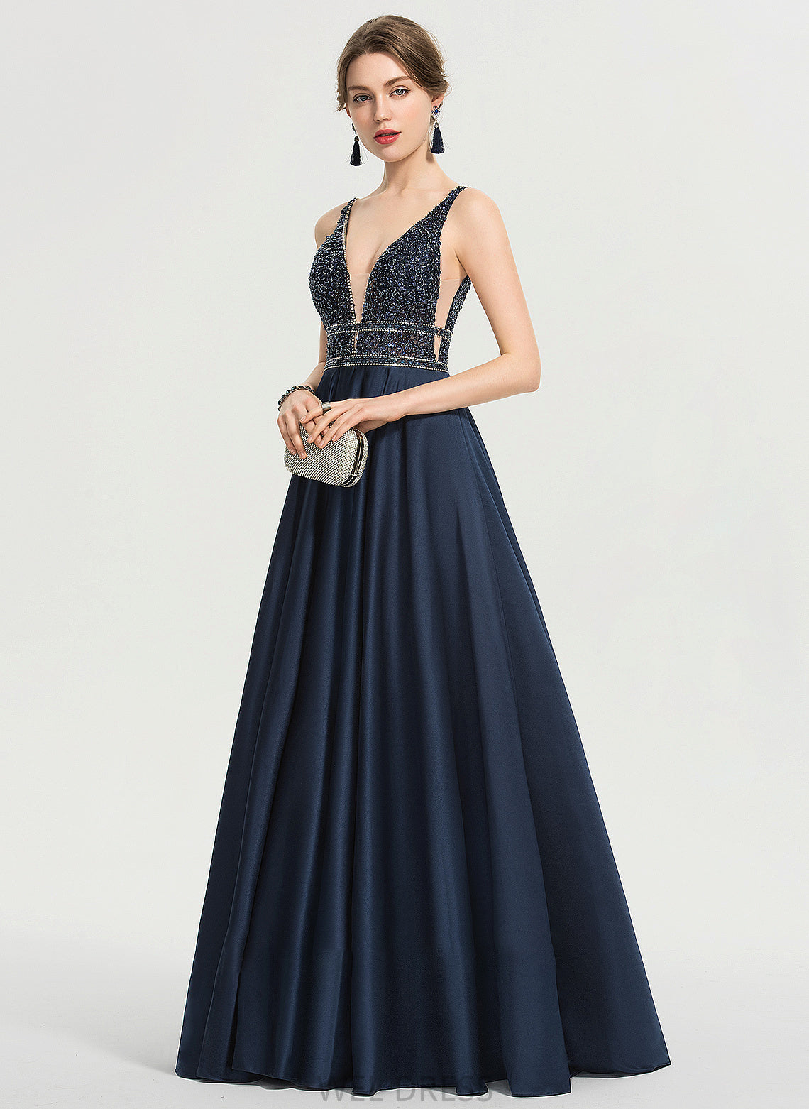 Sequins Satin V-neck Beading Floor-Length Ball-Gown/Princess Rylee Prom Dresses With