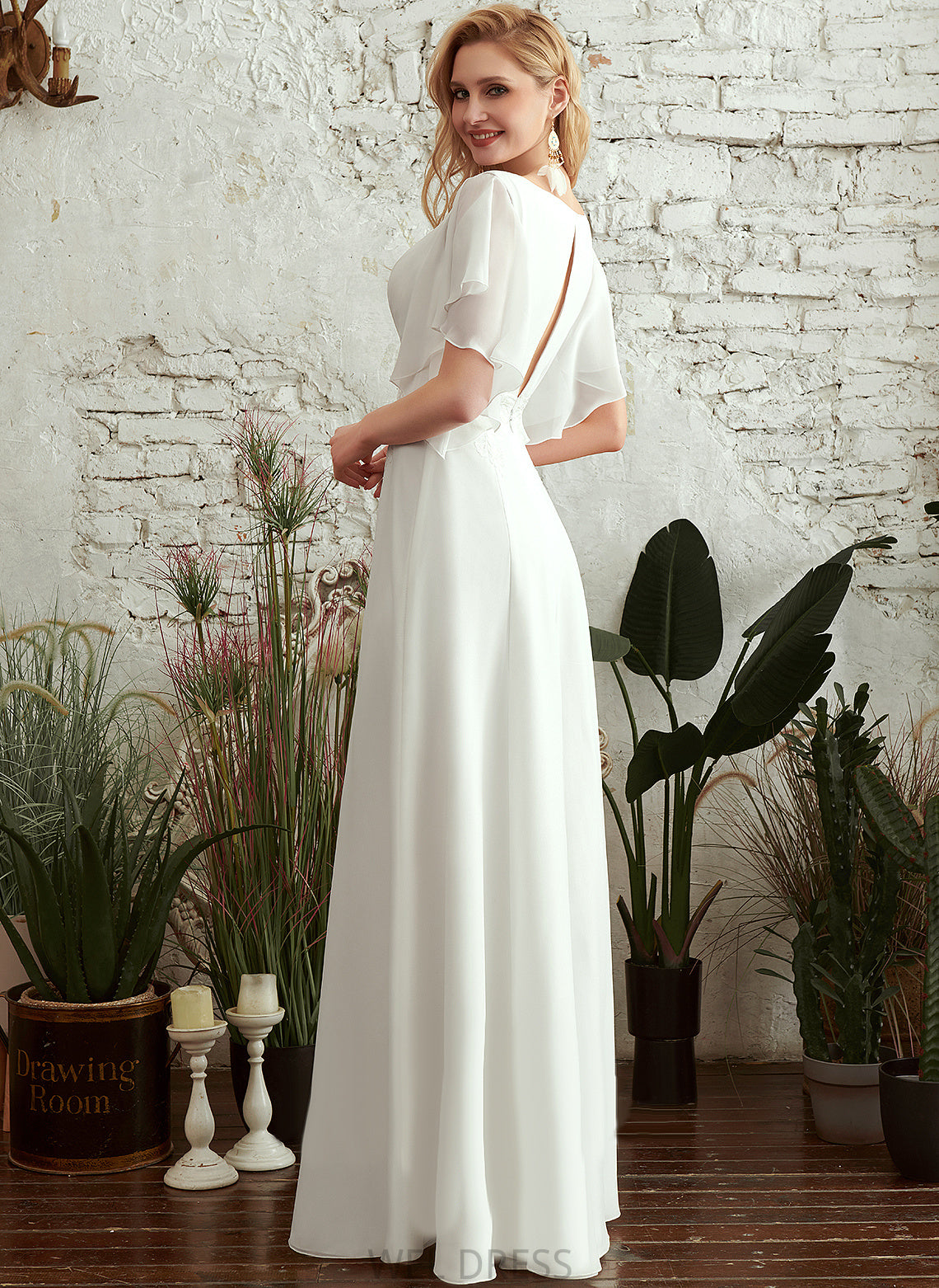 V-neck A-Line Dress Wedding Dresses Isabel Chiffon Floor-Length Lace Wedding