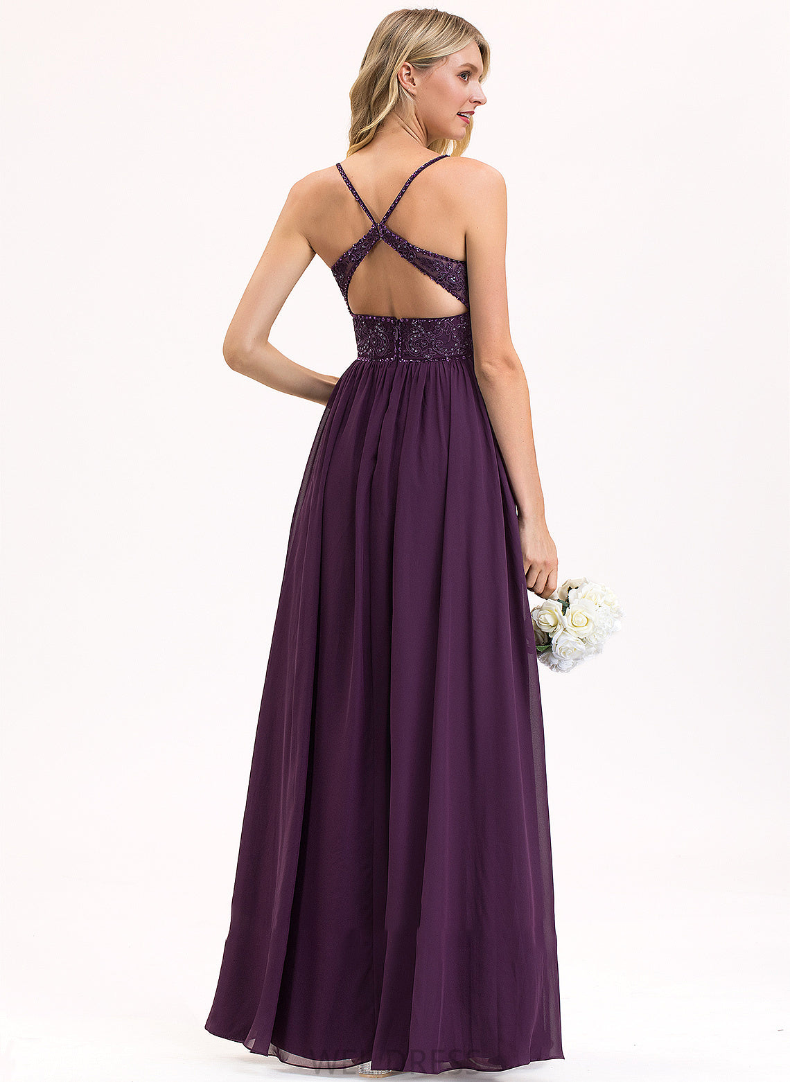 Fabric Beading A-Line Floor-Length Silhouette V-neck Embellishment Length Neckline Sequins Jayleen Natural Waist