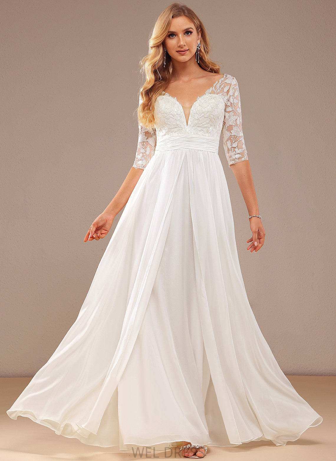 Wedding Dresses Karly Chiffon A-Line Ruffle Lace Sequins V-neck Dress Wedding With Floor-Length