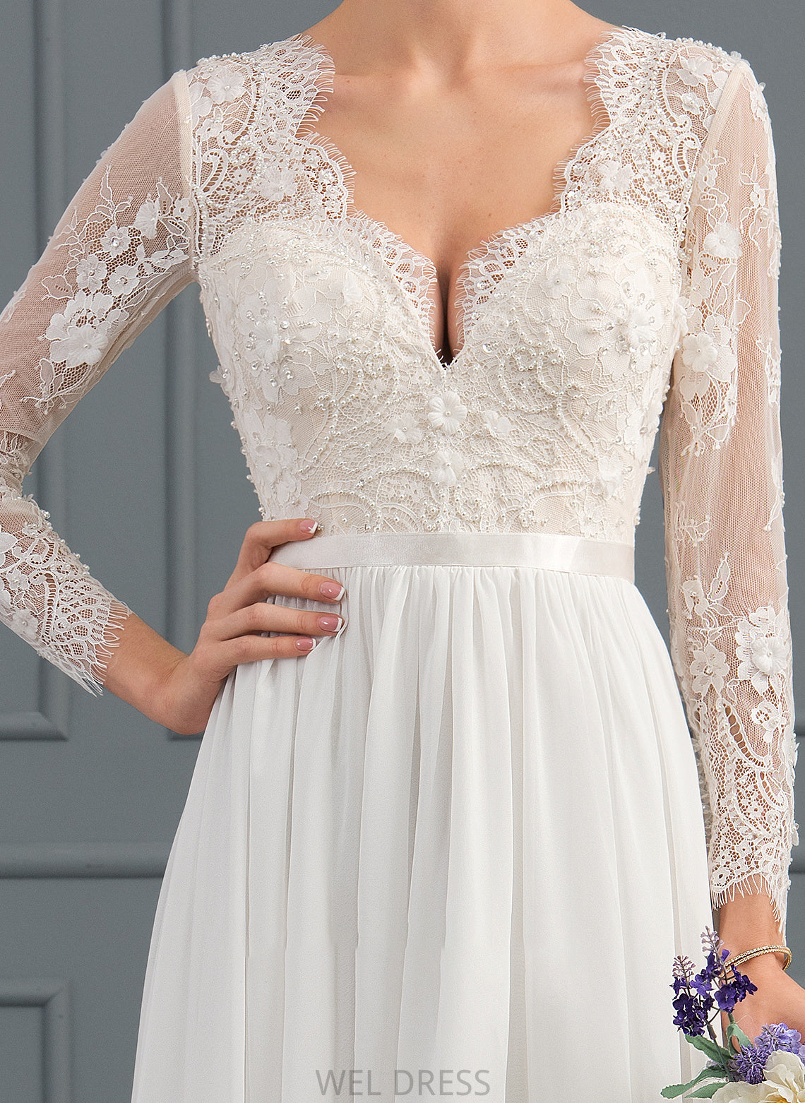 Sequins Dress Lucy Chiffon V-neck With Sweep Train Beading A-Line Wedding Wedding Dresses