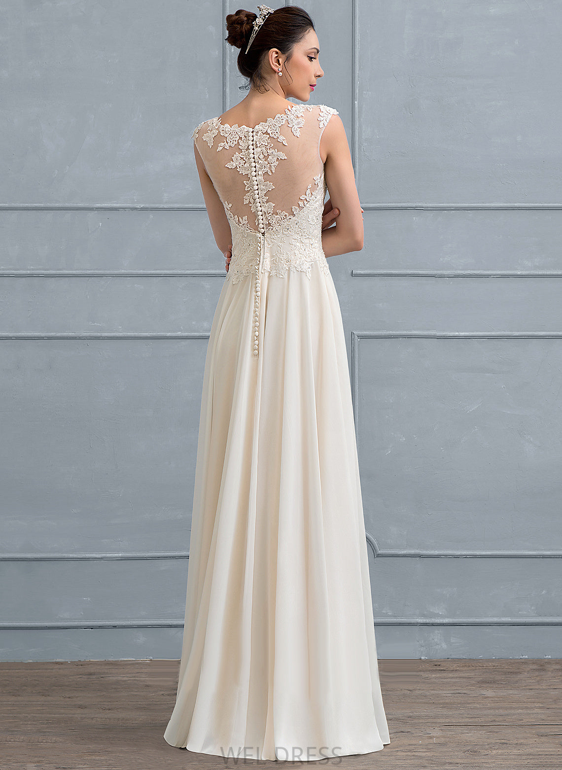 Dress Floor-Length A-Line Lace Coral Sequins Beading Chiffon Wedding Dresses Wedding With Scoop