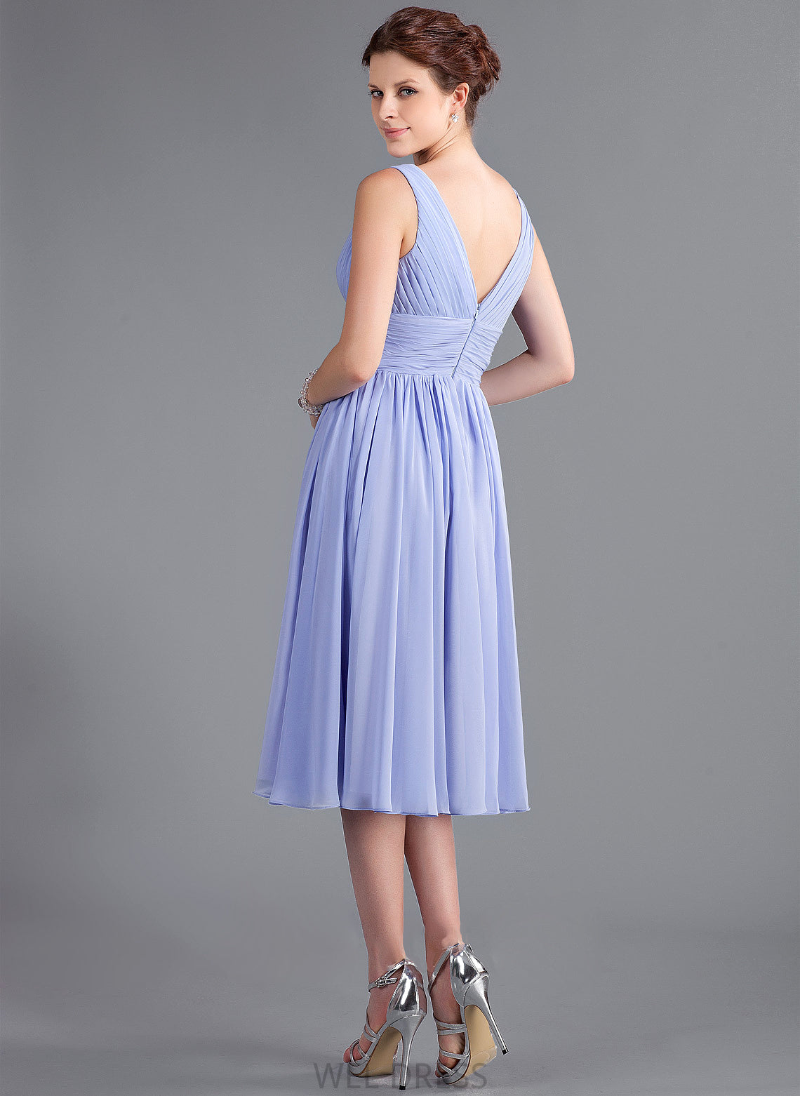 Ruffle A-Line Silhouette Length Neckline V-neck Tea-Length Embellishment Fabric Marisa V-Neck Natural Waist