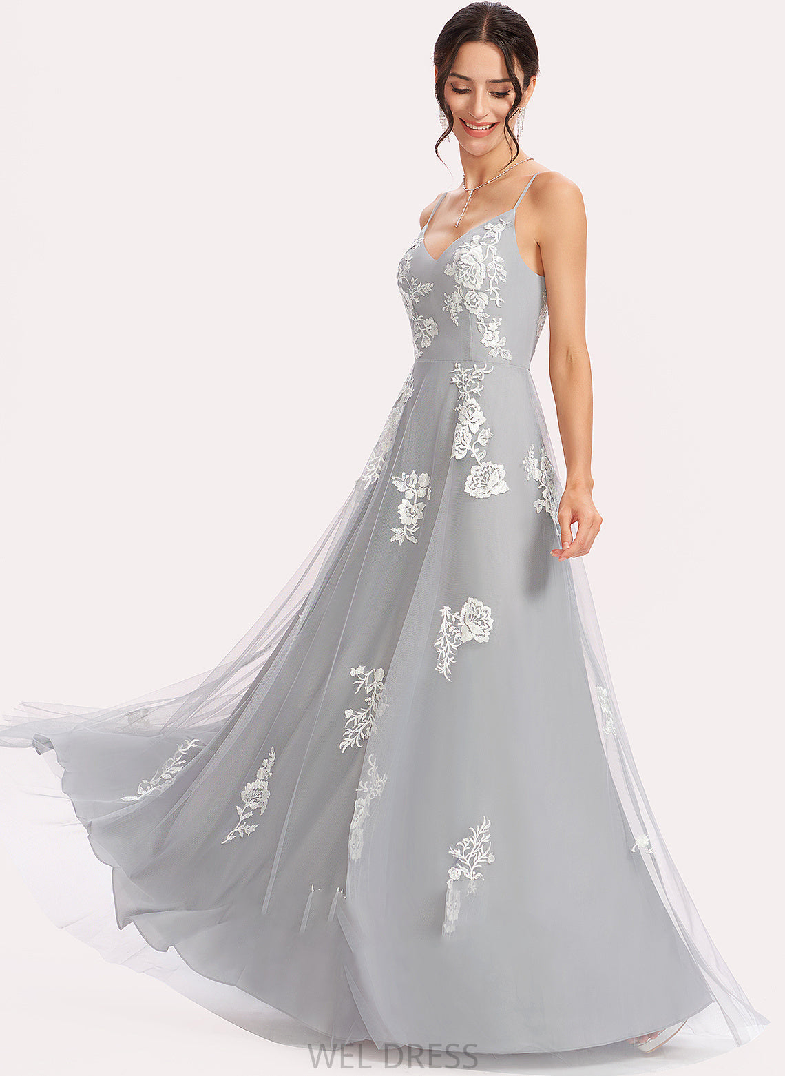 Length Fabric Silhouette Floor-Length A-Line Lace Embellishment Neckline V-neck Gabrielle A-Line/Princess Sleeveless
