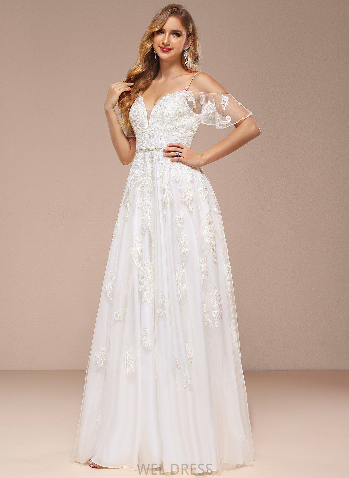 Wedding Beading Anya Lace Floor-Length Sequins Wedding Dresses Shoulder Tulle Cold Dress With A-Line