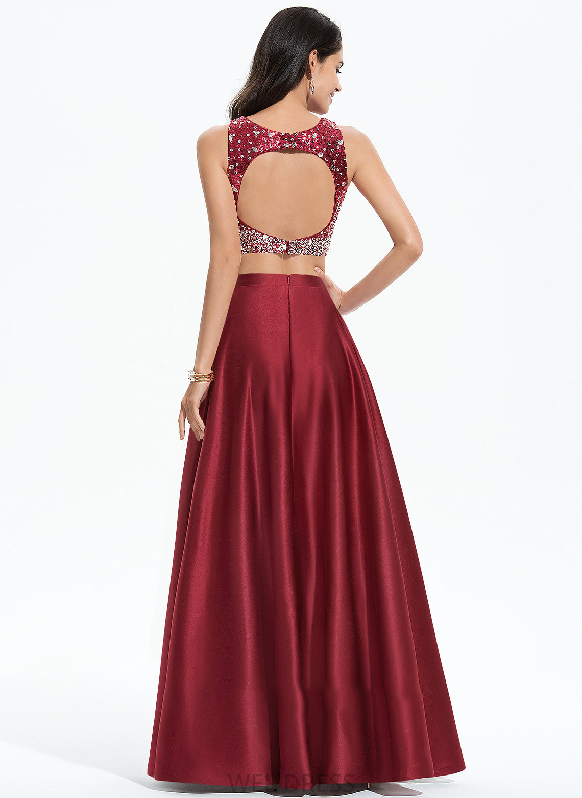 Prom Dresses Satin Scoop Sequins With Beading Floor-Length A-Line Joy Neck