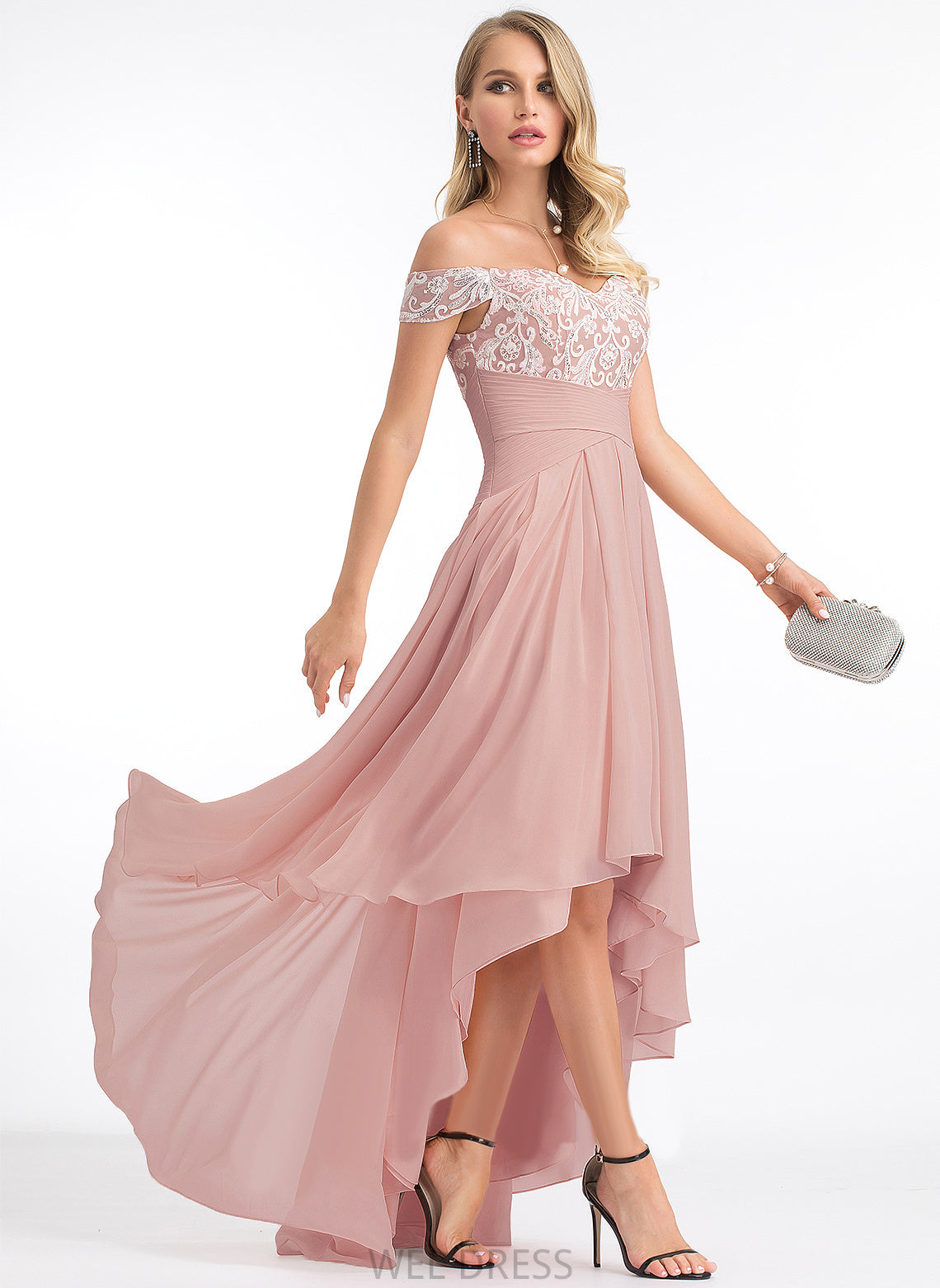 Lace Prom Dresses Pleated Chiffon With Off-the-Shoulder A-Line Brynn Asymmetrical