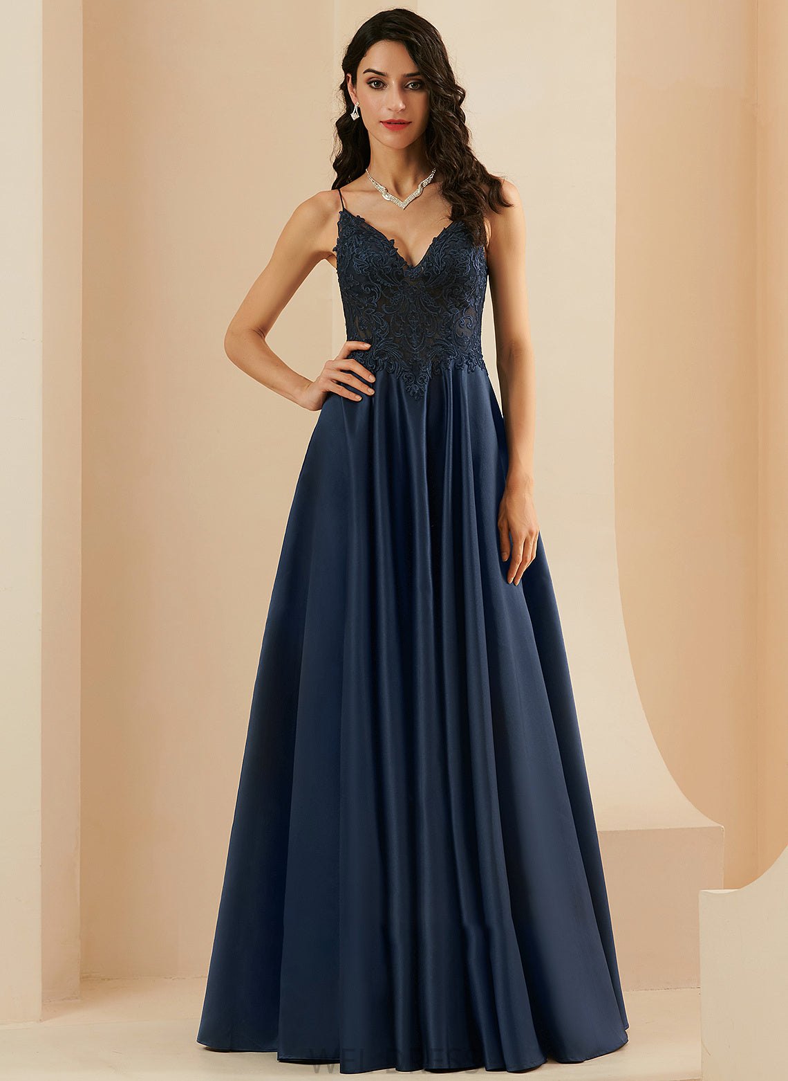 Floor-Length Satin Lace V-neck With Brittany A-Line Prom Dresses