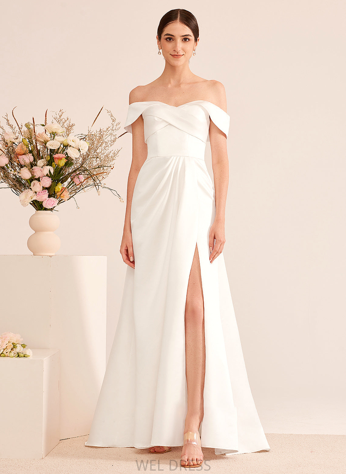 Wedding Dresses A-Line Front Dress Train Tanya Ruffle With Off-the-Shoulder Split Wedding Sweep