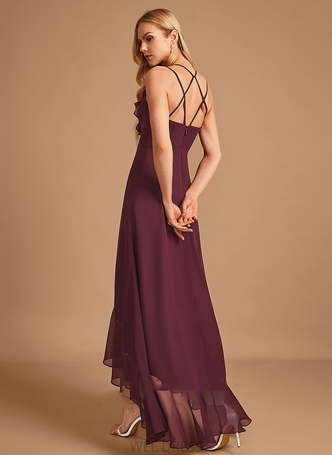 SplitFront Fabric Neckline Asymmetrical Length Embellishment Silhouette A-Line Ruffle V-neck Kathryn Trumpet/Mermaid