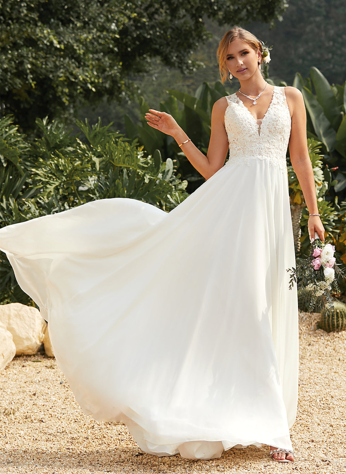 Wedding Dresses V-neck Lace Train Dress Chiffon Lace Sweep Sienna With A-Line Wedding