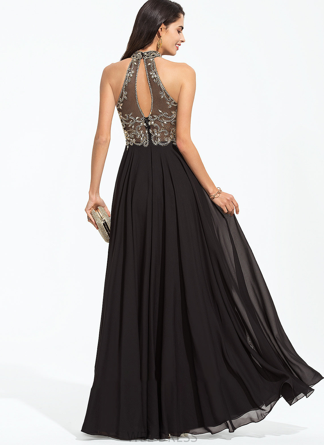 Floor-Length Prom Dresses Nathaly Chiffon Beading With A-Line High Neck Sequins