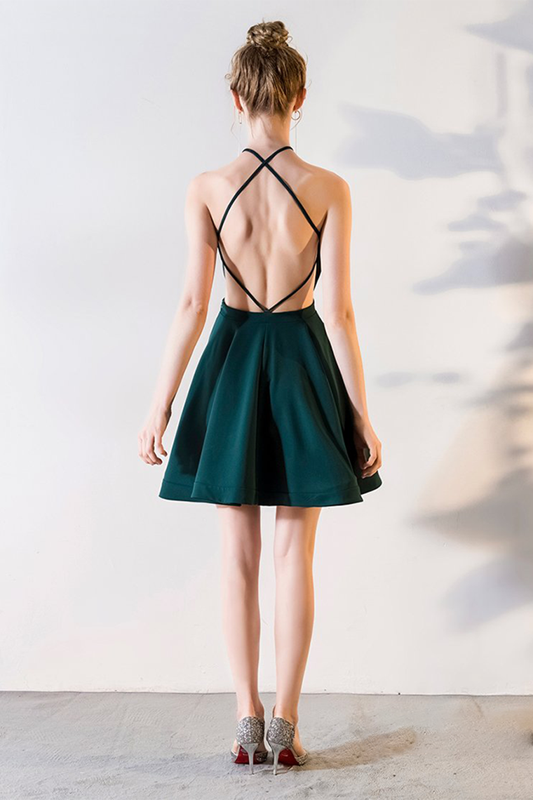 A-Line V-neck Knee-Length Maritza Homecoming Dresses Hunter Satin