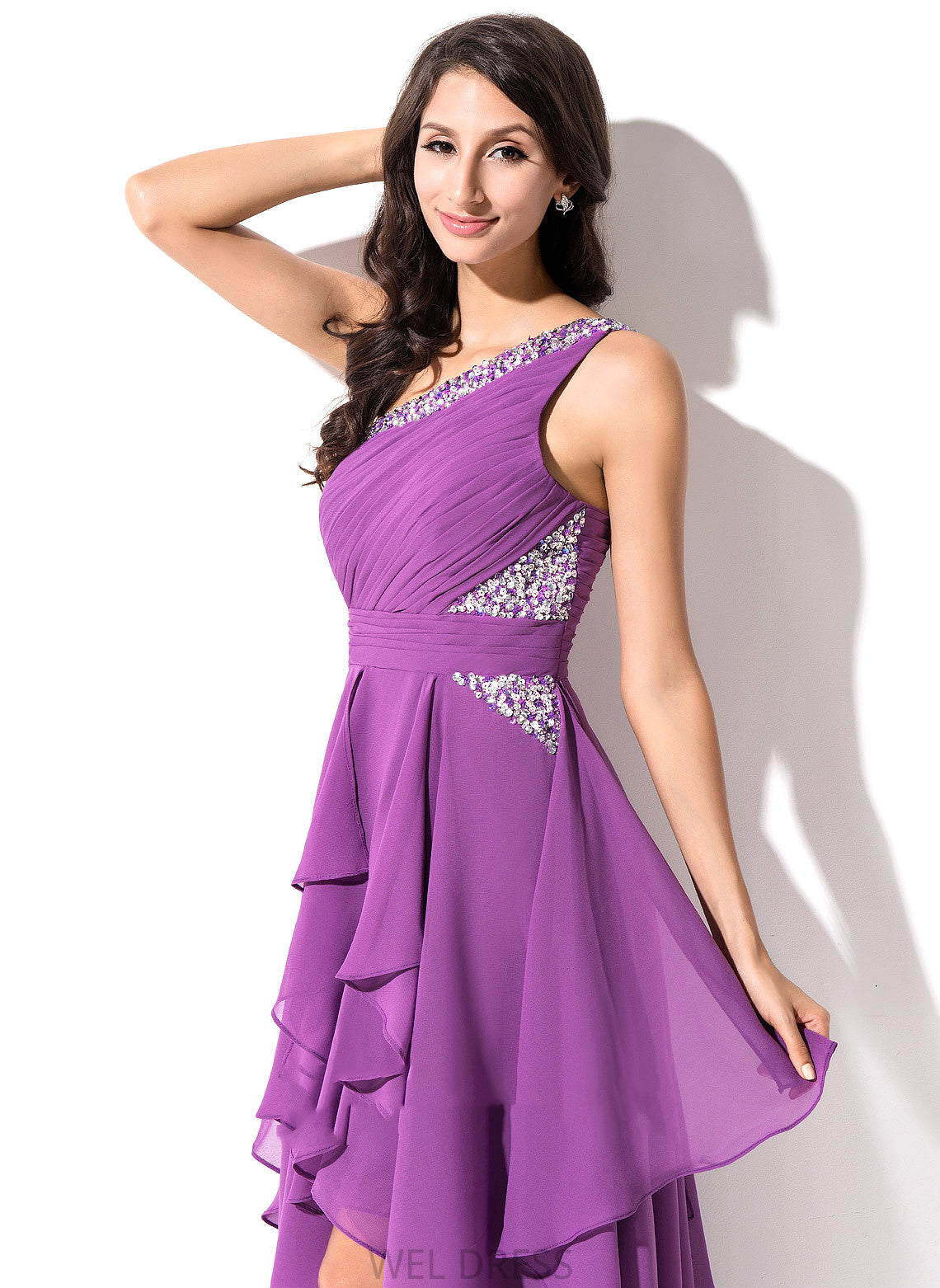 Chiffon Homecoming Dresses A-Line One-Shoulder Dress Homecoming Asymmetrical Mckenzie Sequins Ruffle Beading With
