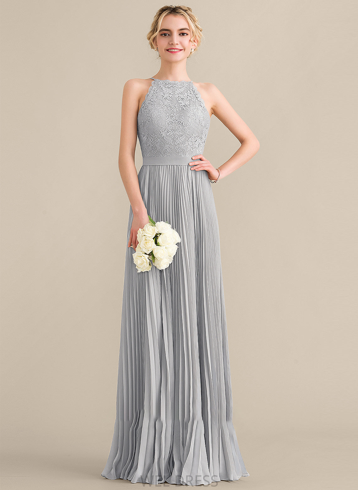 Lace Neck With Carleigh Pleated Floor-Length A-Line Scoop Prom Dresses Chiffon