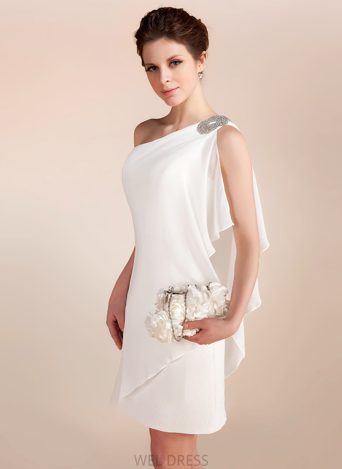 One-Shoulder Sheath/Column Chiffon Selena Ruffles Dress Wedding Beading Cascading Wedding Dresses Short/Mini With