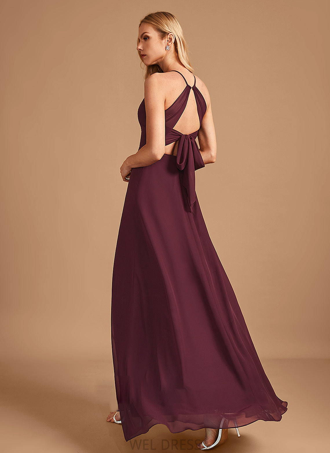 Fabric Silhouette Length Neckline Floor-Length A-Line HighNeck SplitFront Embellishment Briana Natural Waist Sleeveless