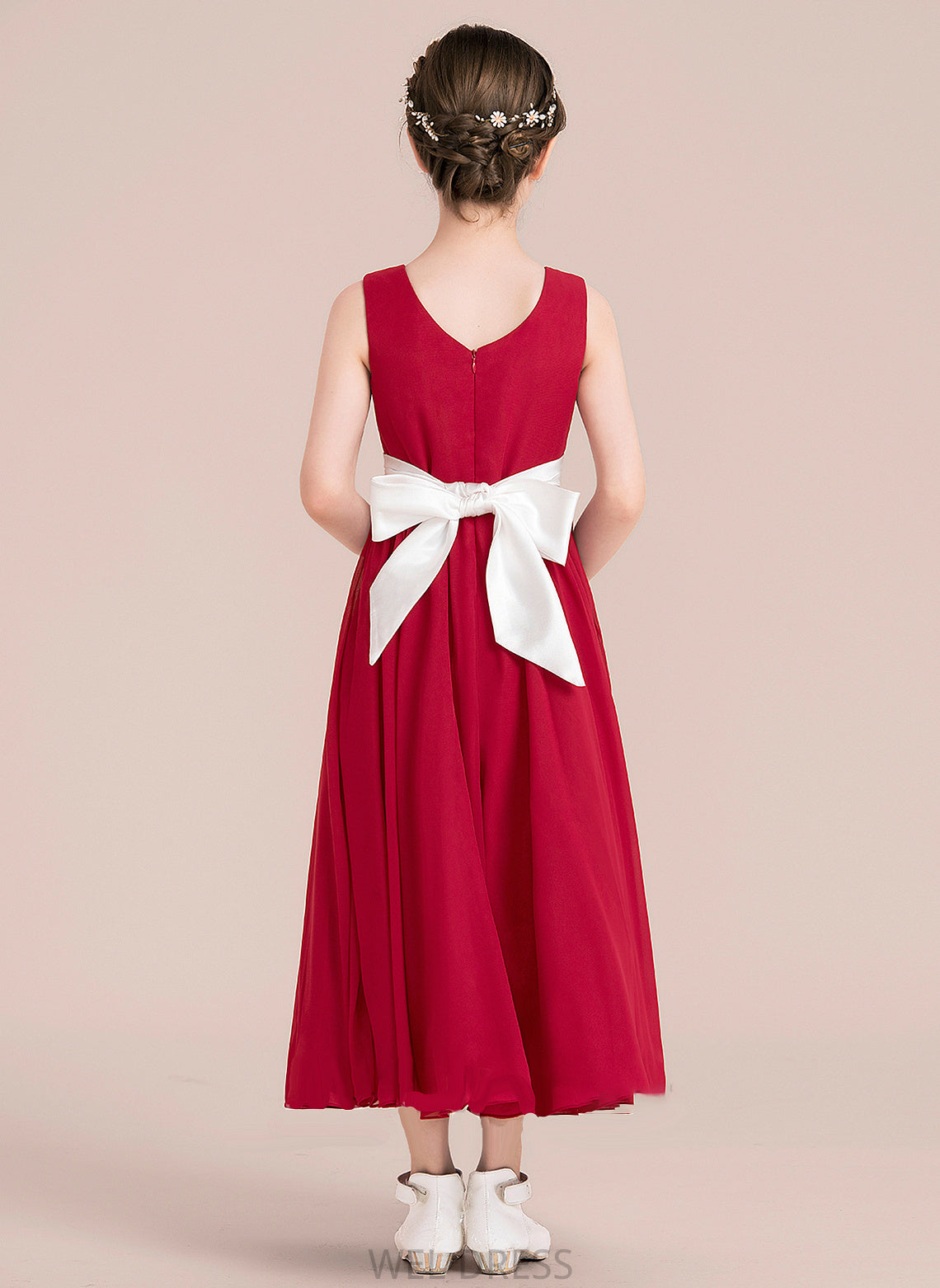 Bow(s) Chiffon Scoop With Erika Sash Ankle-Length Empire Neck A-Line Junior Bridesmaid Dresses