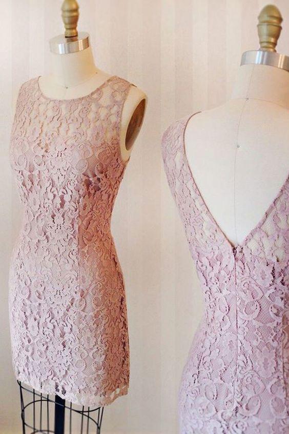 Sheath Crew Lace Homecoming Dresses Campbell Pink Knee-Length CD10104