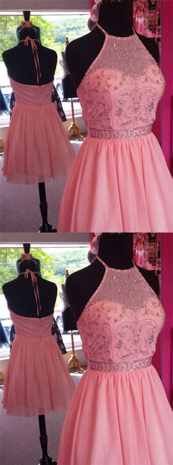 Halter Top Beading Open Back A-Lin Short Cheap Chiffon Pink Homecoming Dresses Cora CD111