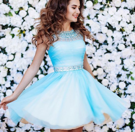 Emily Blue Tulle Open Back with Beading, Homecoming Dresses Simple CD1119