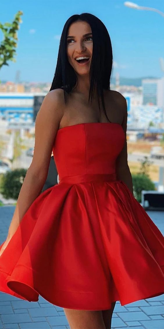 Simple Red Homecoming Dresses Satin Marina Strapless Short Formal CD11564