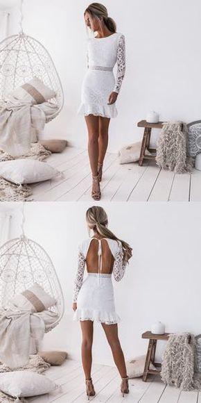 Sheath Knee-Length White Homecoming Dresses Lace , Short homecoming Lena Dresses CD130