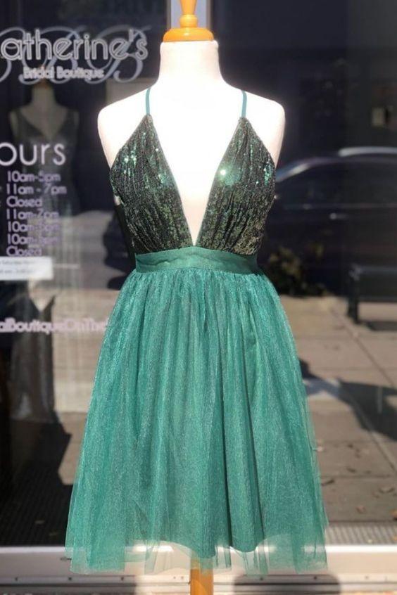 Homecoming Dresses Sidney Hunter Green Sequins And Tulle Short CD13155