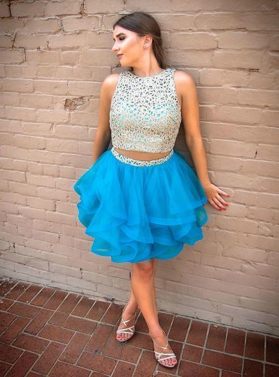Two Piece Homecoming Dresses Lace Mikaela Short Blue Tulle CD13481
