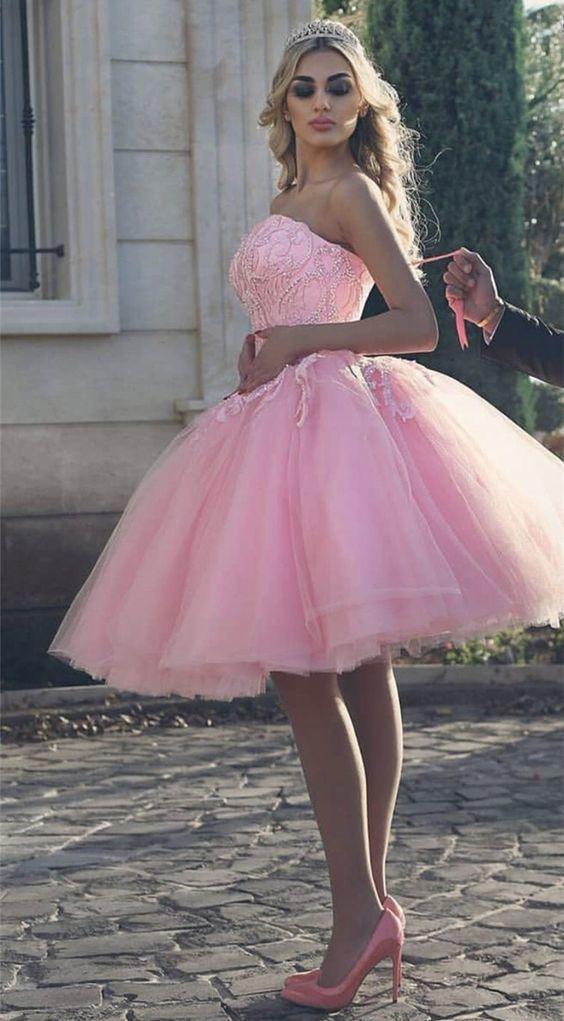 Beaded Homecoming Dresses Pink Lace Valentina Sweetheart Tulle Short CD14051