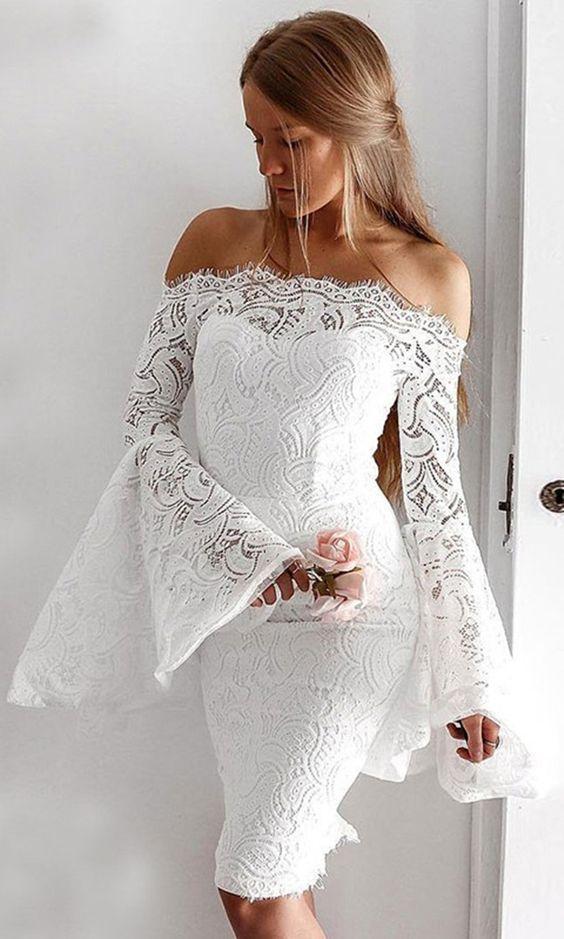 Sheath Jade Homecoming Dresses Lace Off-The-Shoulder Bell Sleeves Knee-Length White Party Dress CD151