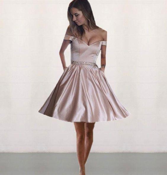 Off The Carmen Satin Homecoming Dresses Shoulder Beaded With Pocket CD1512