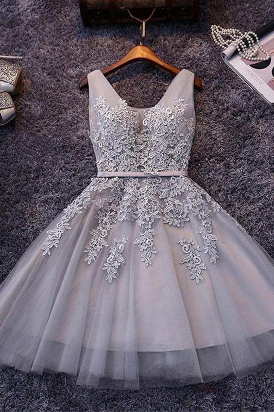 Short Homecoming Dresses Gray , Tulle , Paris Appliqued CD184