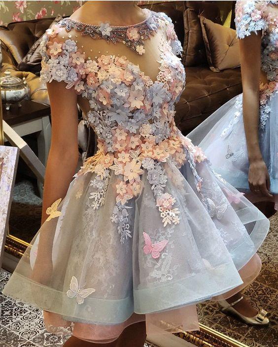 3D Flowers Embroidery Lace Jolie Homecoming Dresses Ruffles Short CD20244