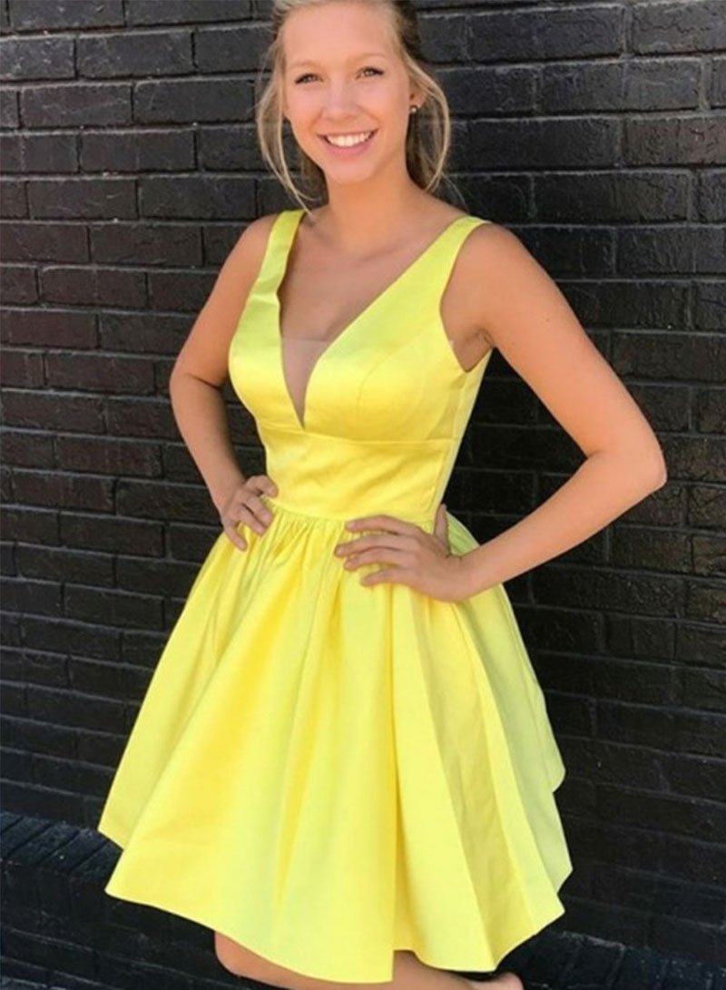 Yellow V Neck Homecoming Dresses Brielle Short Dress CD2085