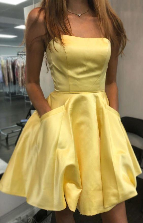 Strapless Short Kaylyn Homecoming Dresses Yellow Party Dress With Pockets CD2120