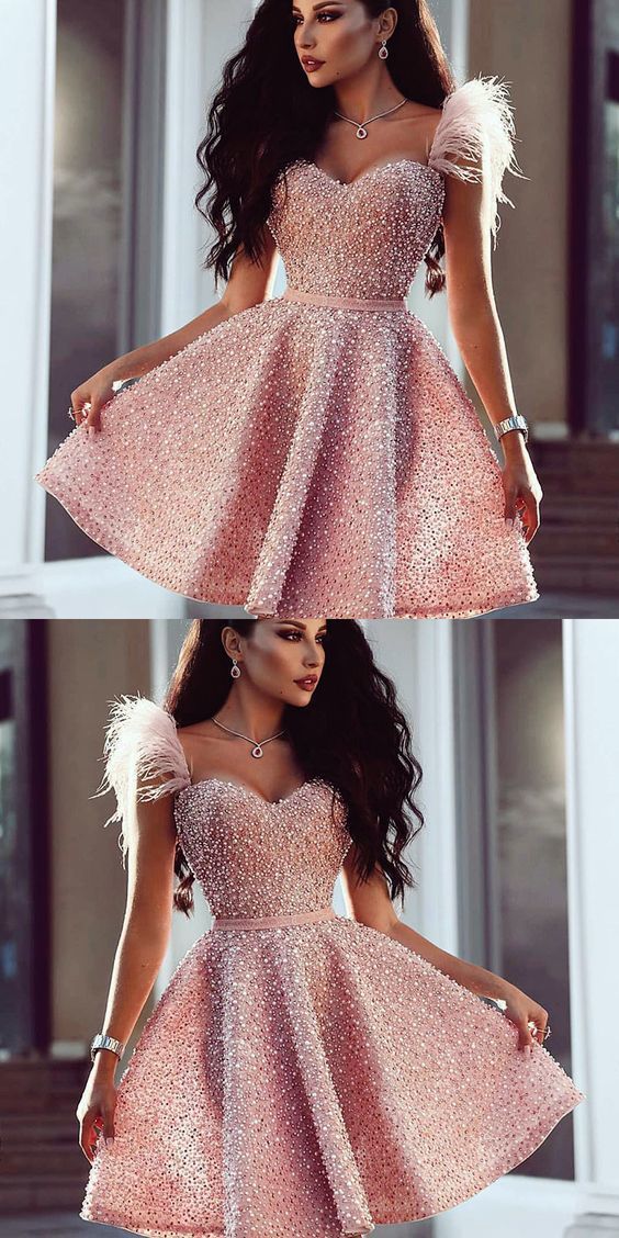 Sweetheart Beaded Short Pink Norma Homecoming Dresses With Feathers Cutest Dresses For CD214