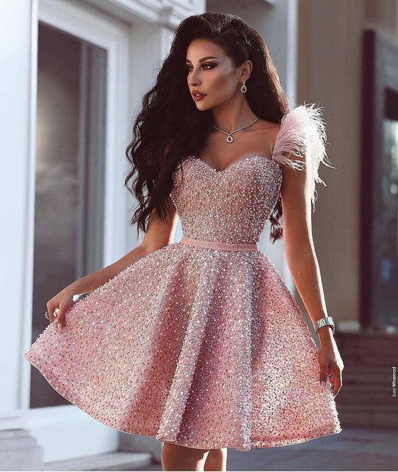 Sweetheart Beaded Short Pink Norma Homecoming Dresses With Feathers Cutest Dresses For CD214