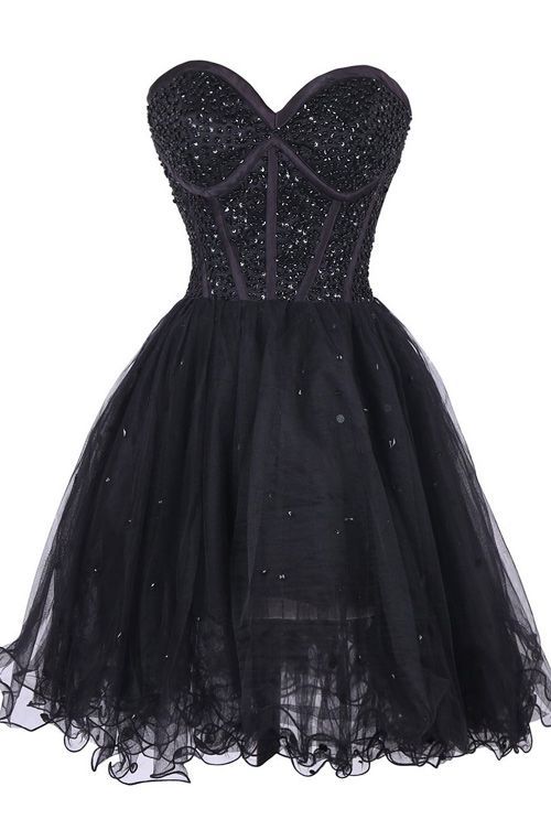 Marely Homecoming Dresses Black Beaded Embellished Sweetheart Short Tulle CD22497