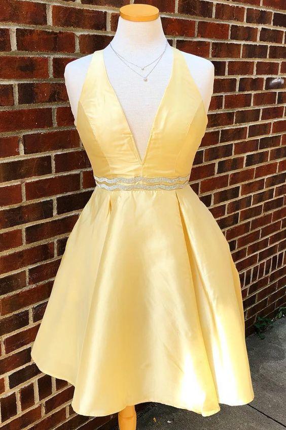 V Neck Yellow Party Dresses Allyson Homecoming Dresses CD2258